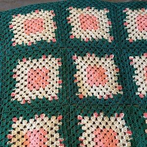 Handmade Crochet Blanket with Green and Pink Squares